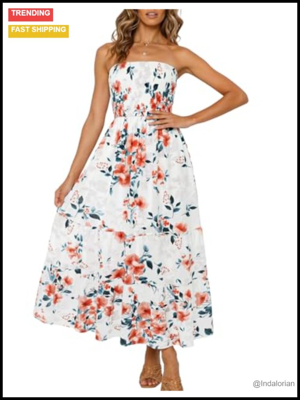 Boho Strapless Maxi Dress with Ruffle Trim, Flowey Tiered Skirt